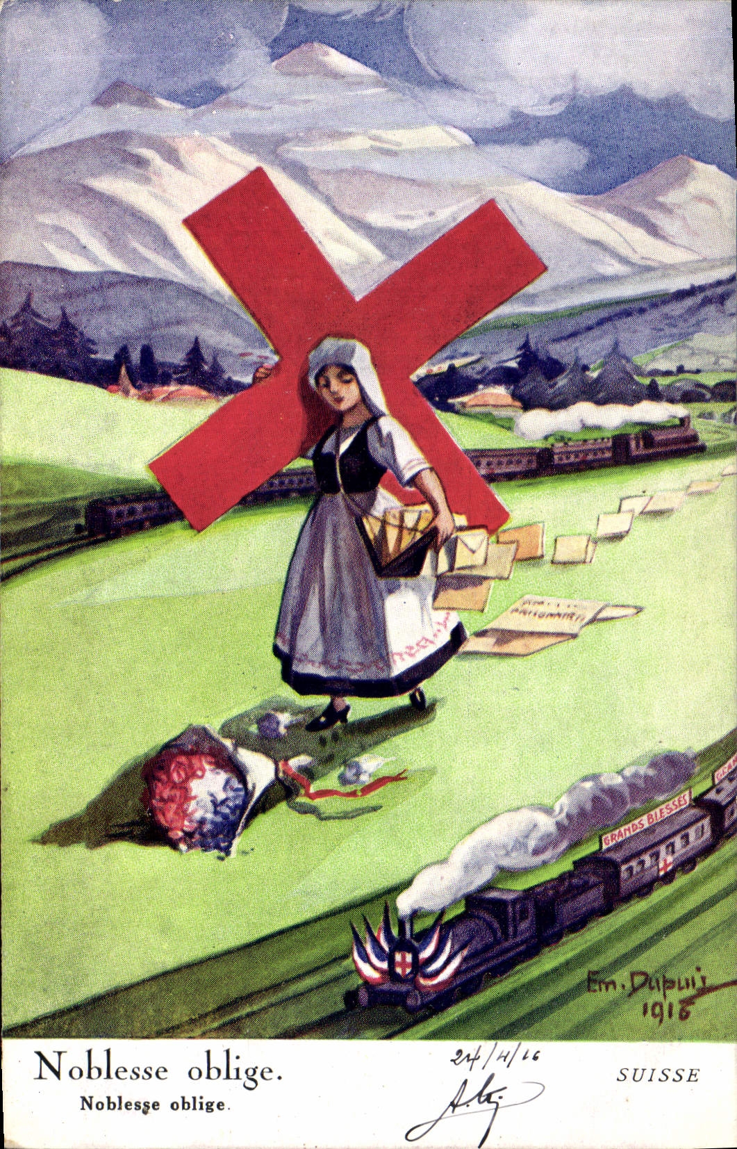 CPA Fantaisie Illustrateur Dupuis Noblesse oblige Suisse Train Croix Rouge