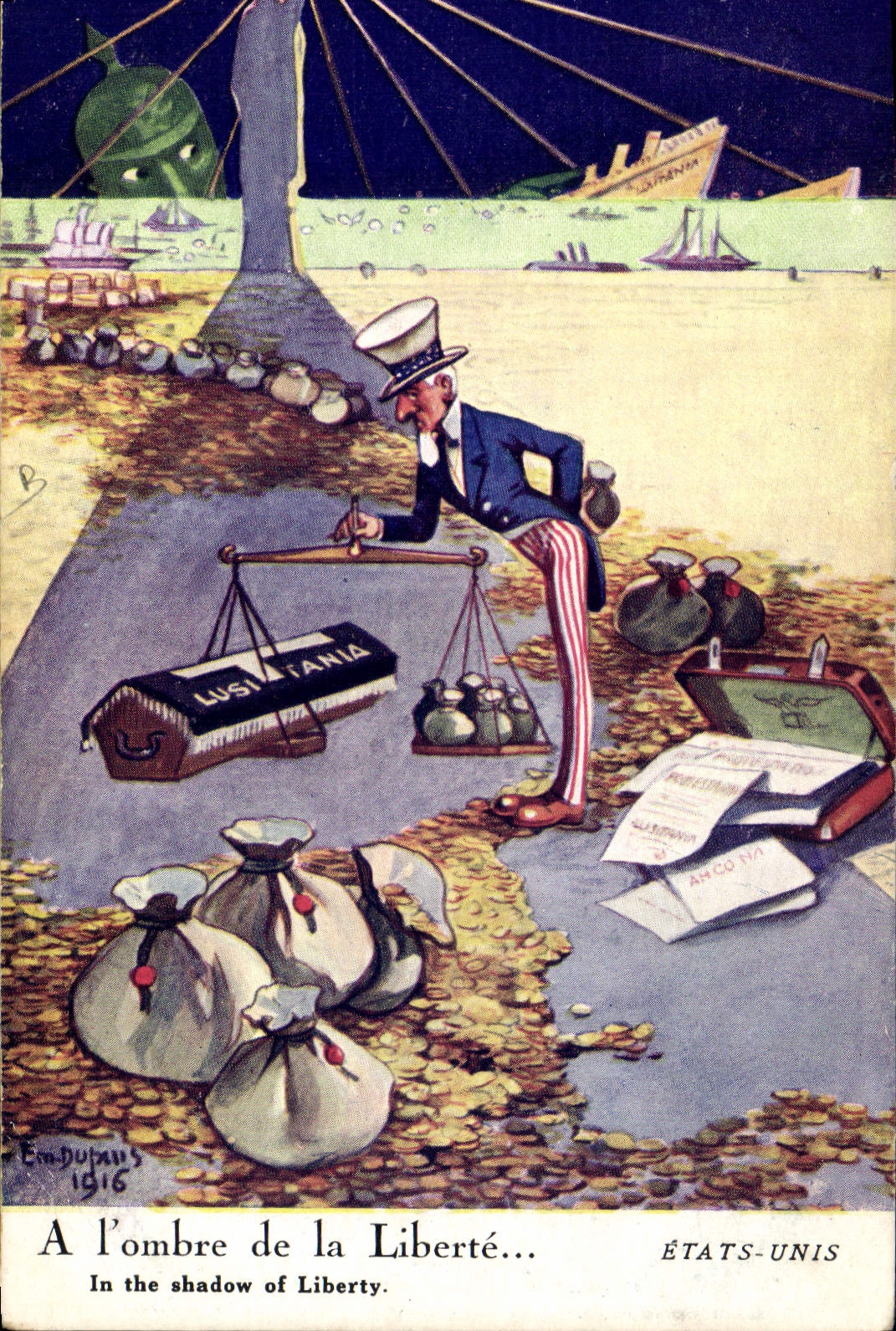 CPA Fantaisie Illustrateur Dupuis A l'ombre de la liberte Etats Unis Statue de la Liberte Lusitania Bateau