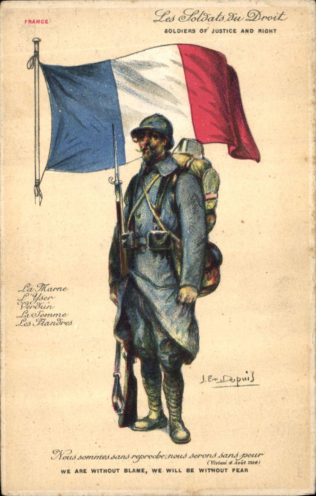 CPA Fantaisie Illustrateur Dupuis Les soldats du Droit France Marne Yser Verdun Somme Flandres