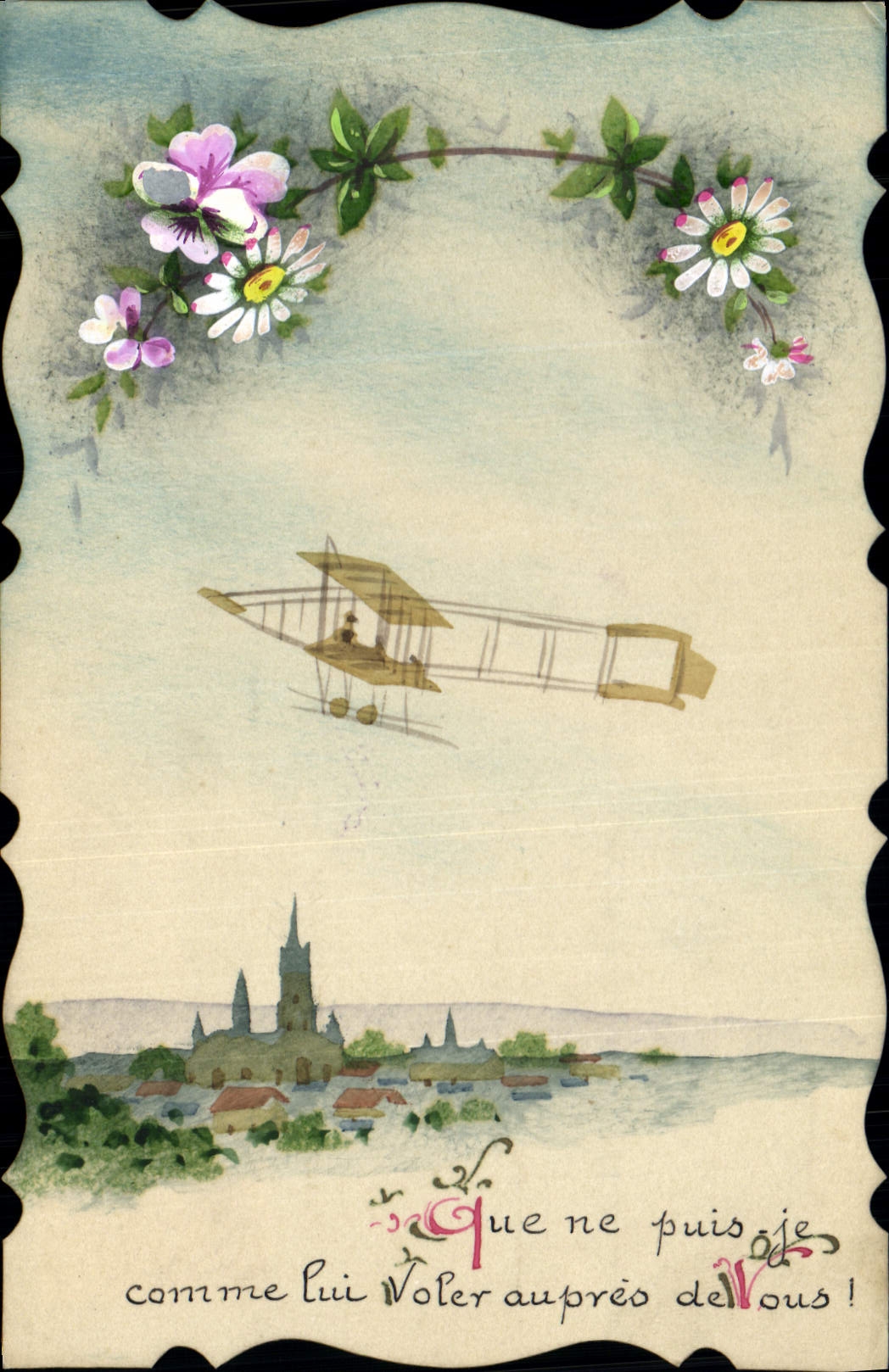 Avion biplan au-dessus d'un village — Carte postale française — éditeur non visible