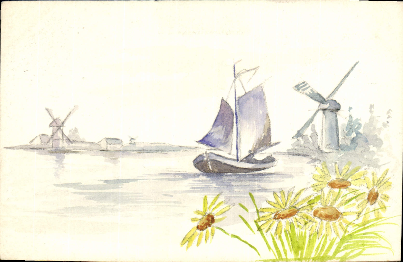 Paysage néerlandais — moulin à vent, bateau à voile, fleurs de tournesol — éditeur MOUILLOT-MARSEILLE, n° 11