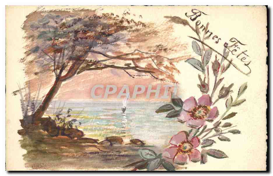 Paysage côtier avec fleurs — 'Bonnes Fêtes' — J.M.P. Paris, N°133