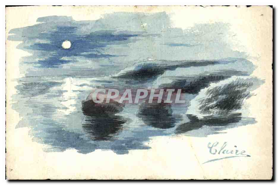 Lune sur la mer — aquarelle — signée Claire