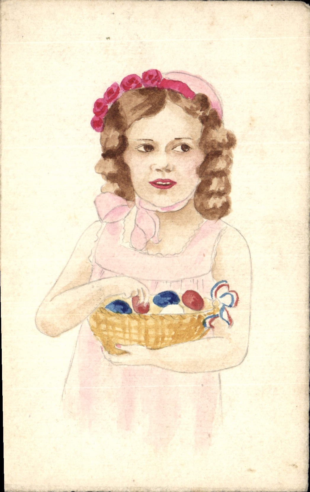 Fille avec panier d'œufs — illustration à l'aquarelle — CPAPHIL