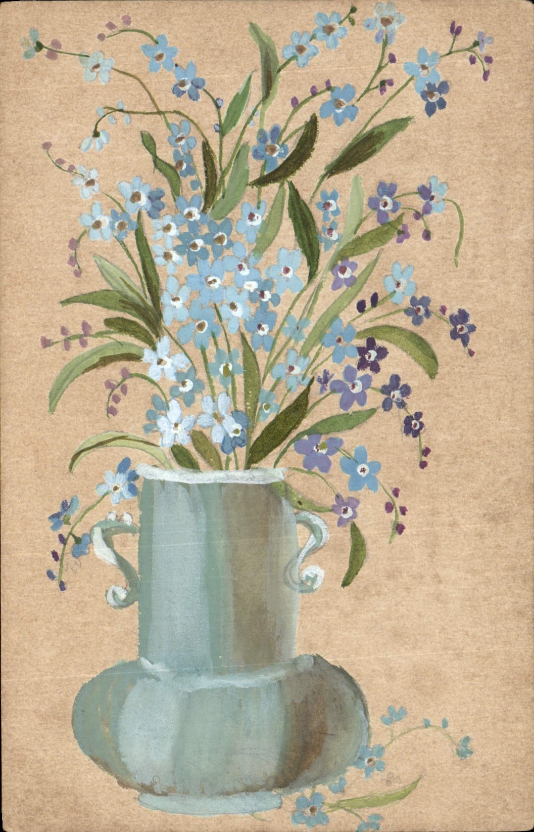 Bouquet de fleurs bleues et violettes — dans un vase à anses — illustration artistique