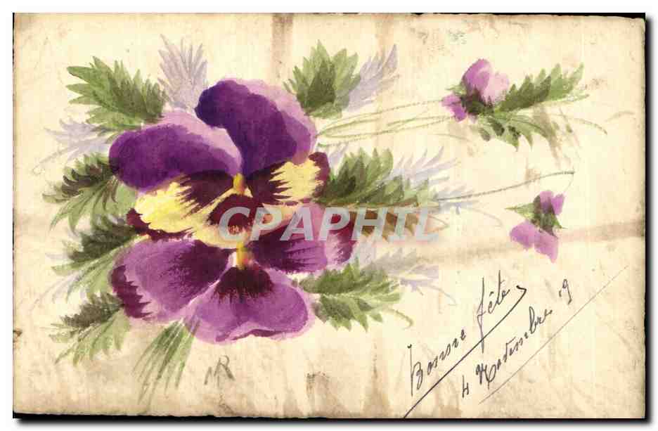 Fleurs de pensée violettes — dessin à l'aquarelle — éditeur Carte Postali