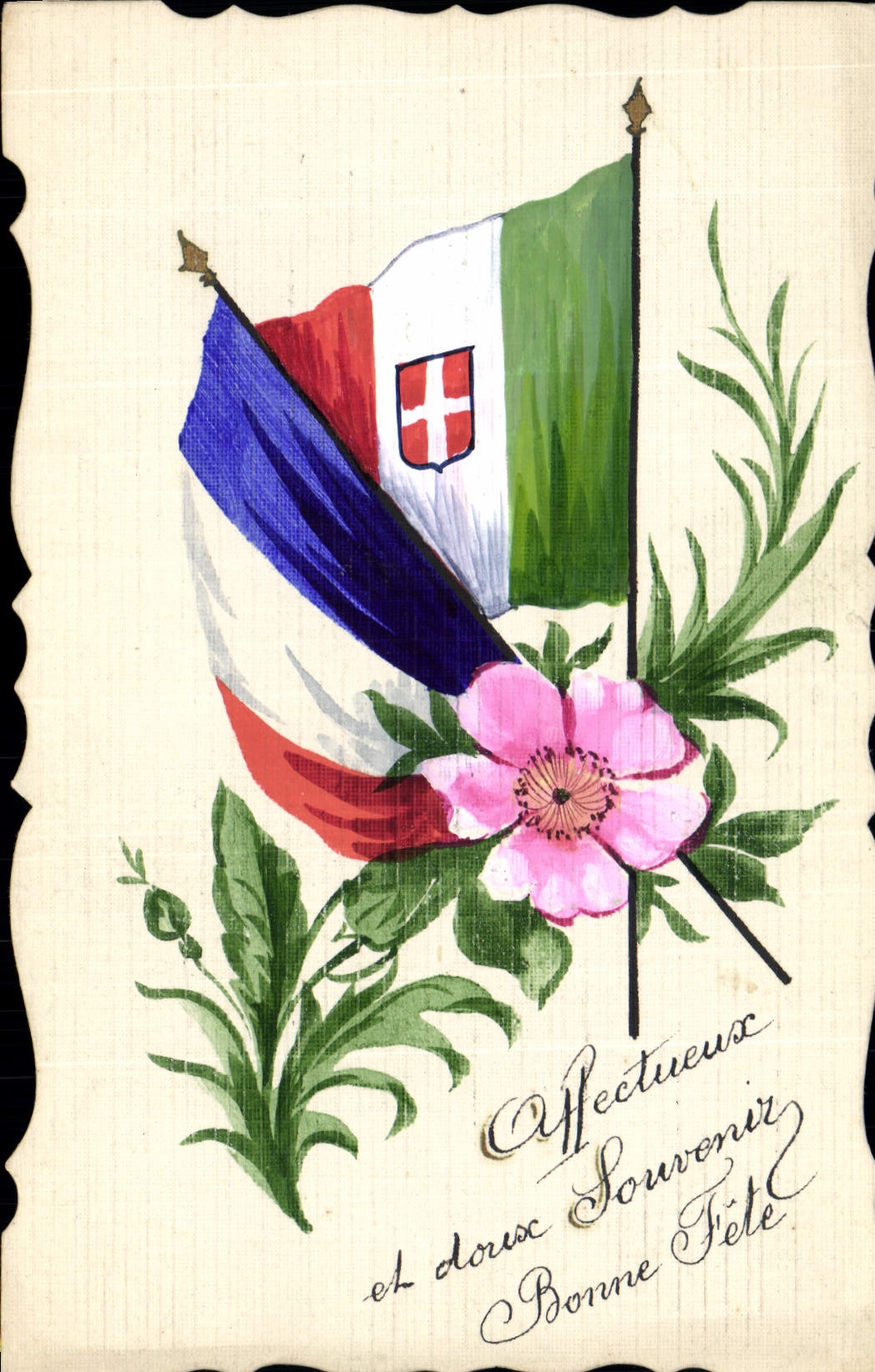 Drapeaux français et italien — fleur rose — affectueux souvenir et bonne fête — éditeur non visible