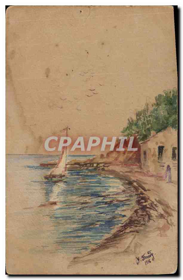Vue de port — peinture à l'aquarelle — Y. Frensy, 1916