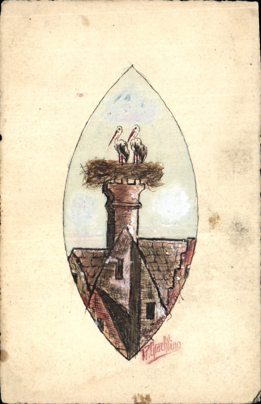 Deux cigognes sur un cheminée — illustration de F. Giauflino — J.P. Paris n°133