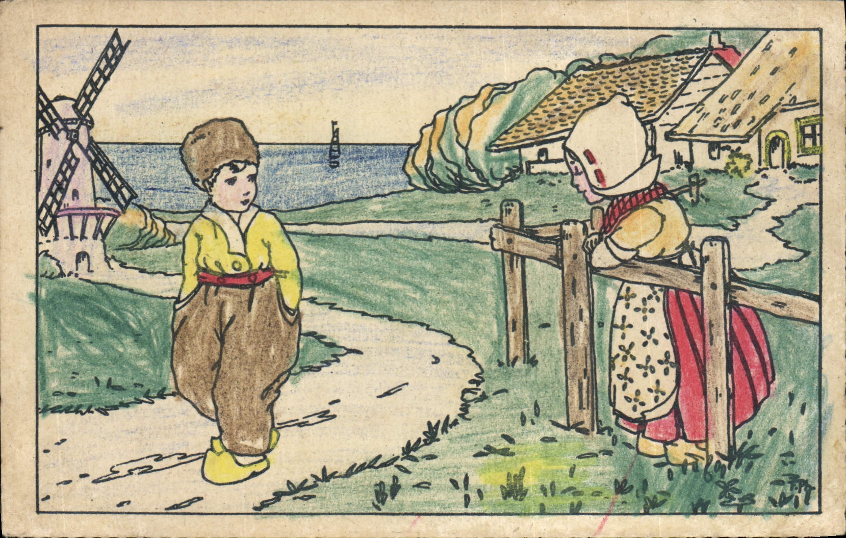 CPA Fantaisie (dessin a la main) Enfants Moulin a vent 