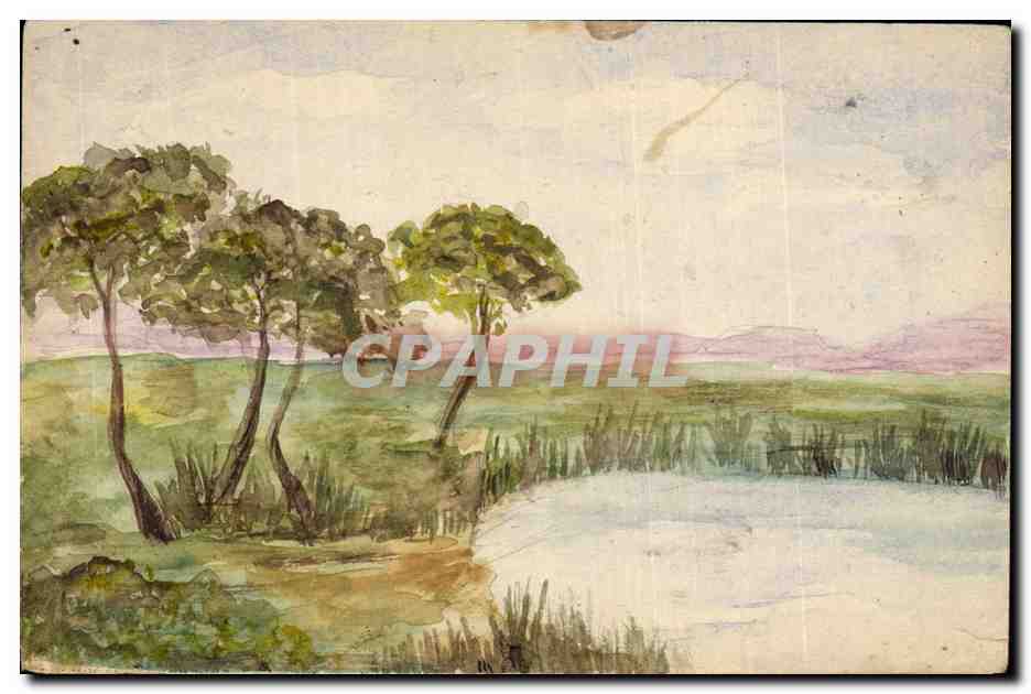 Paysage avec arbres et étang — Carte postale militaire — Imp. J. Cassagne, Marseille