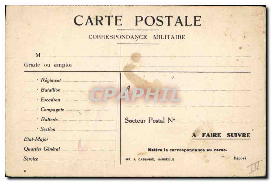 Paysage avec arbres et étang — Carte postale militaire — Imp. J. Cassagne, Marseille — Rückseite