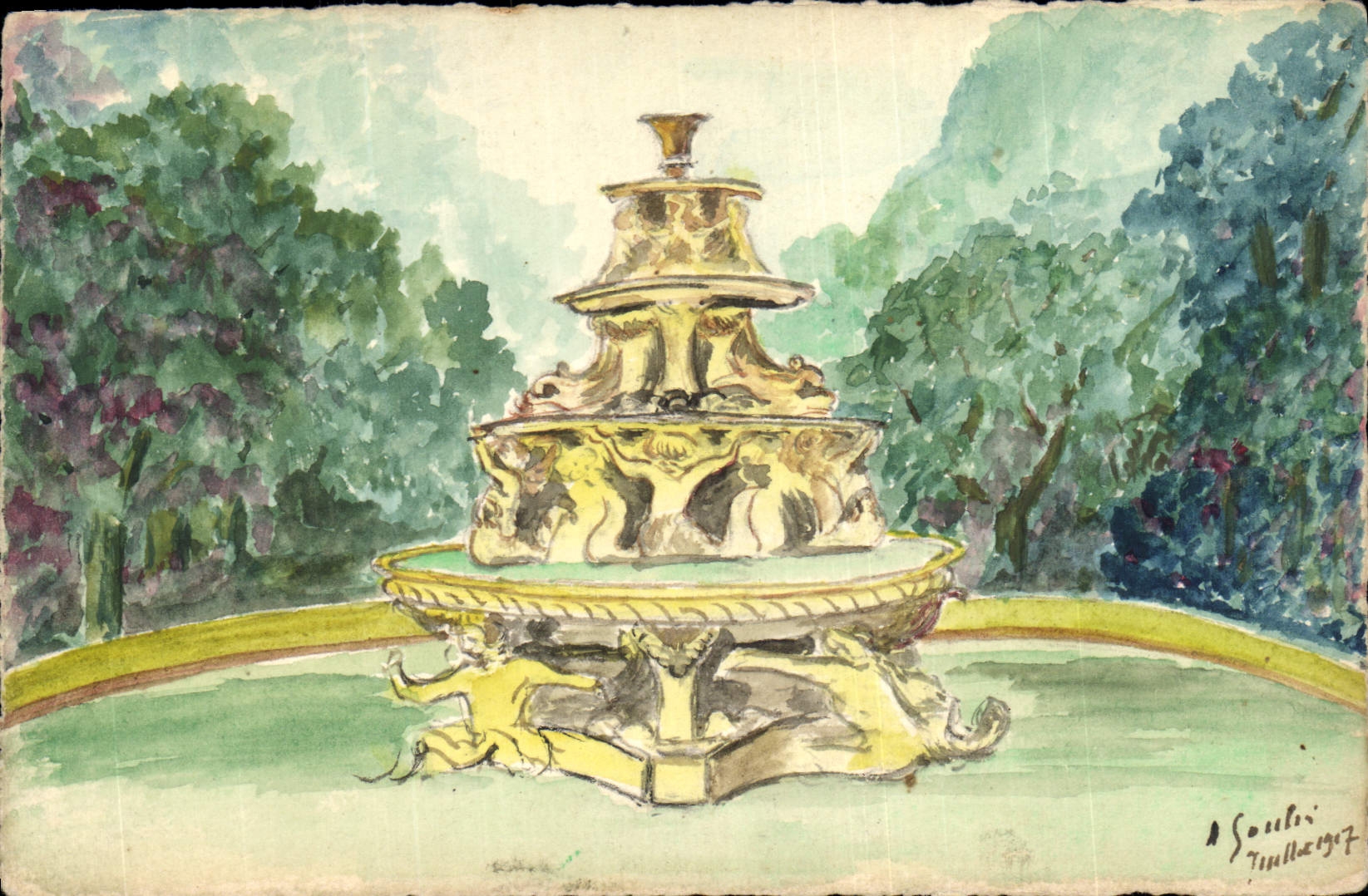 Fontaine ornée — dessin à l'aquarelle — A. Soulti Timbergeret