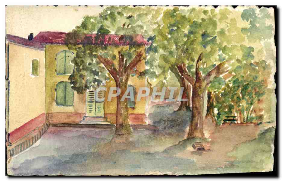 Paysage avec maison jaune et arbres — aquarelle — CPAPHIL
