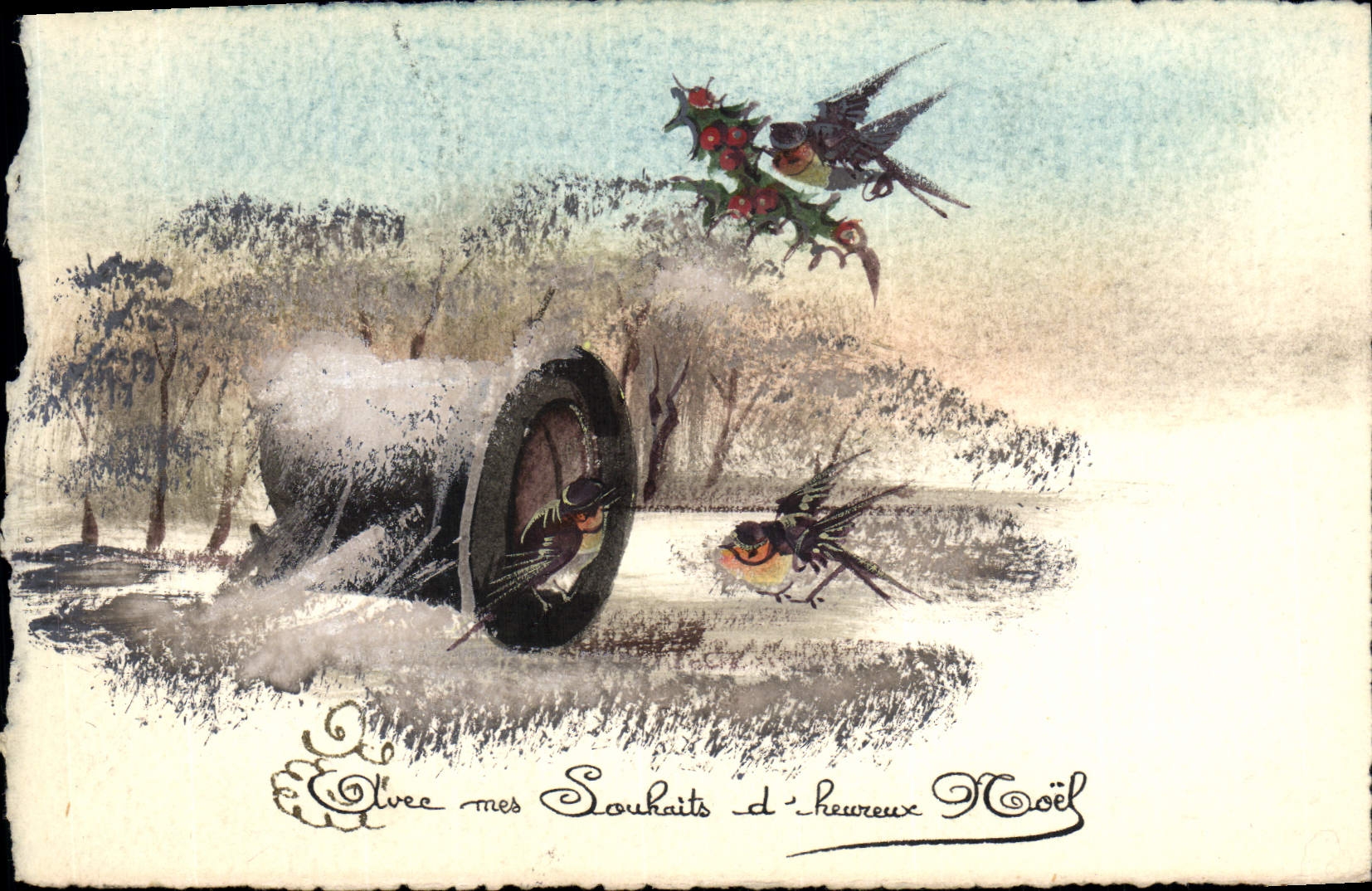 Scène hivernale avec oiseaux — Carte de vœux de Noël — Éditeur : André Poub — N° 16