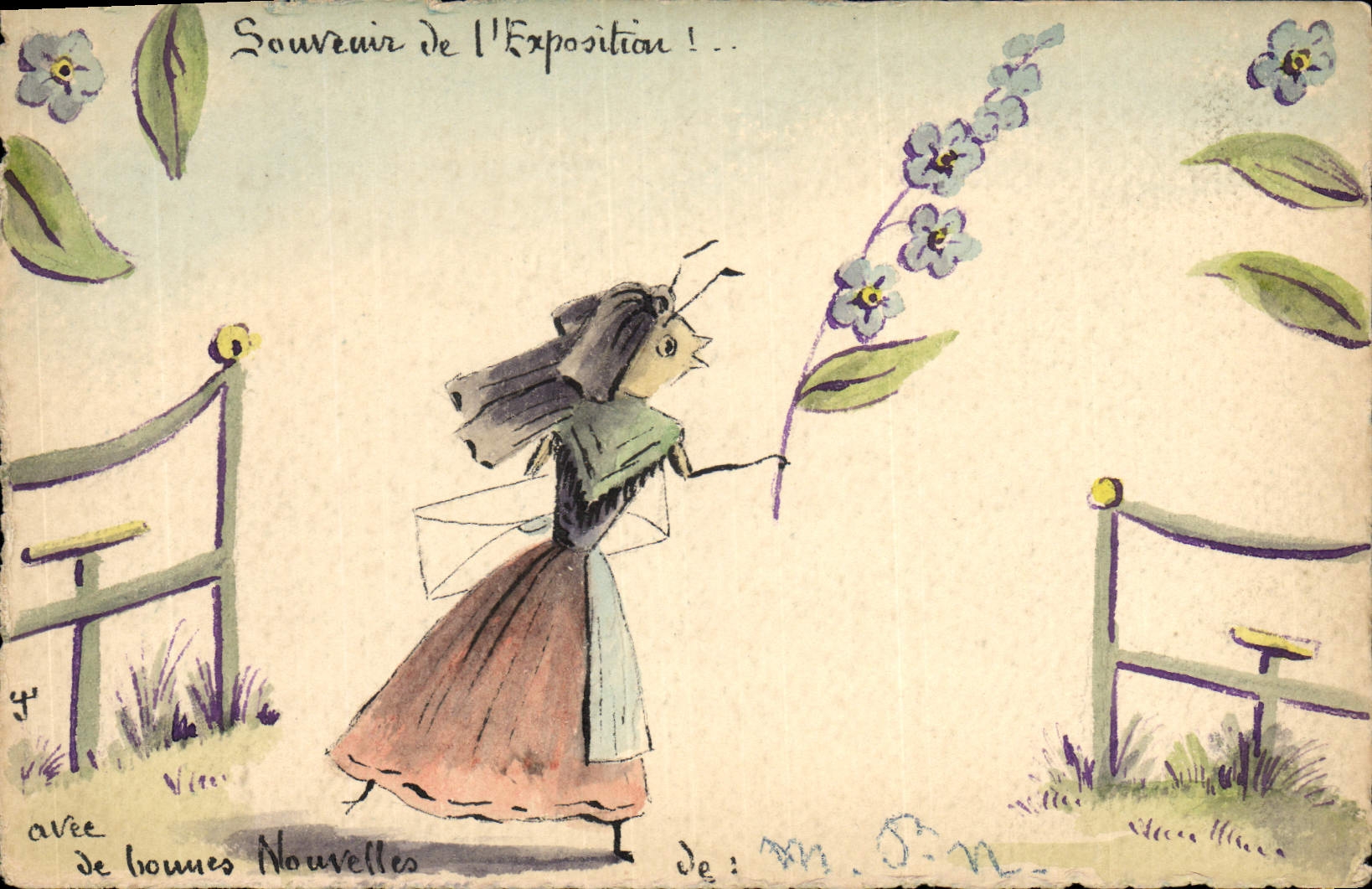 Femme tenant une branche fleurie — Souvenir de l'Exposition — éditeur non visible