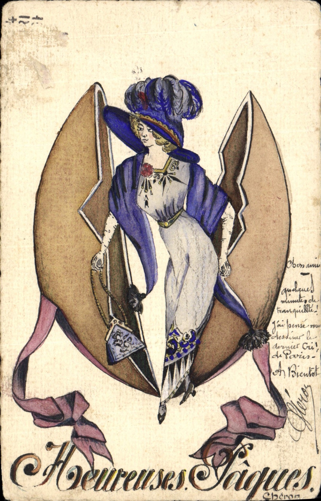Femme en robe bleue et chapeau — Heureuses Sâques — Éditeur Chéron, n° 103