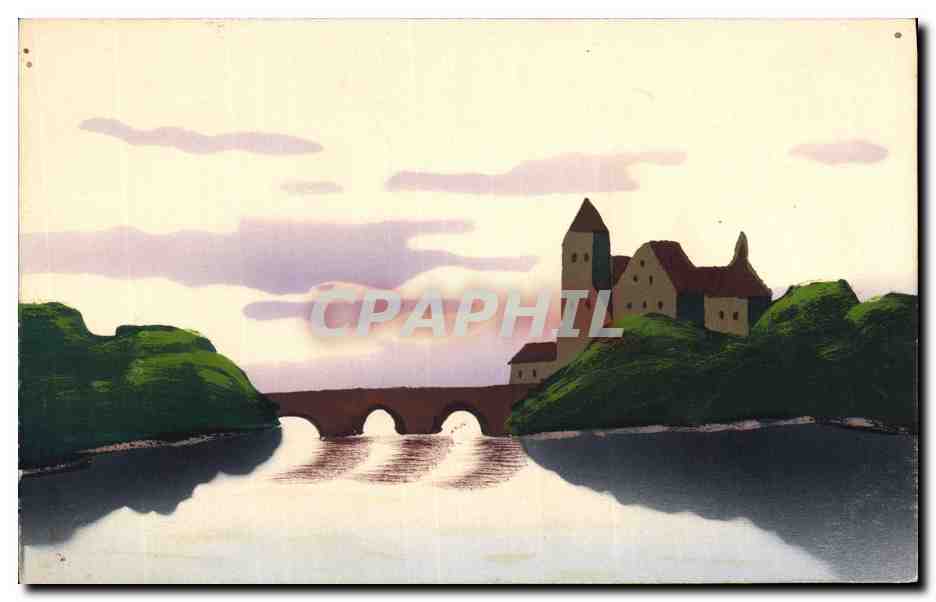 Château et pont sur un fleuve — vue de paysage — éditeur non identifié