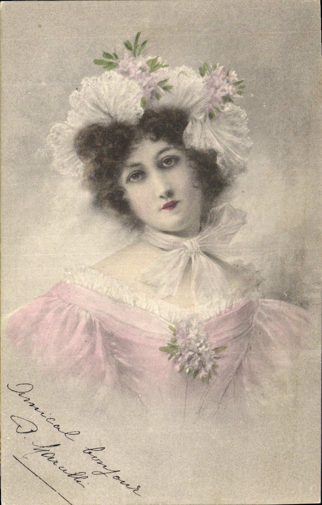 Jeune femme en robe rose et chapeau fleuri — D. Marulle — Nr. 67