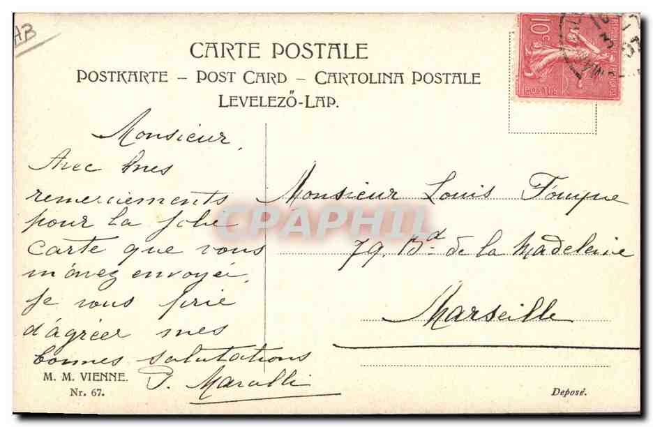 Jeune femme en robe rose et chapeau fleuri — D. Marulle — Nr. 67 — Reverso