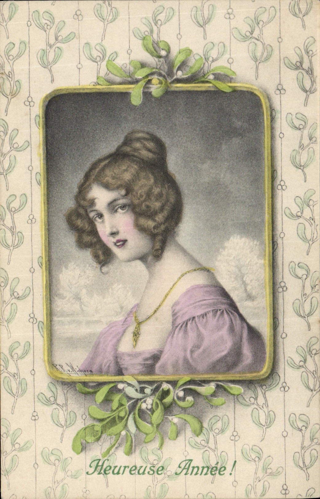 Jeune femme en robe violette — Heureuse Année ! — P.P. Mahnera, n° 229