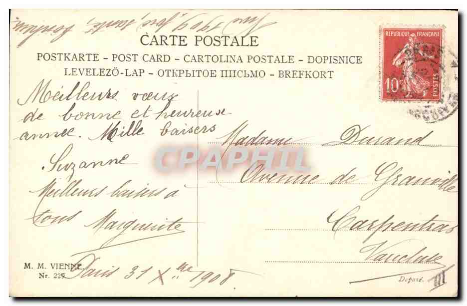 Jeune femme en robe violette — Heureuse Année ! — P.P. Mahnera, n° 229 — Verso