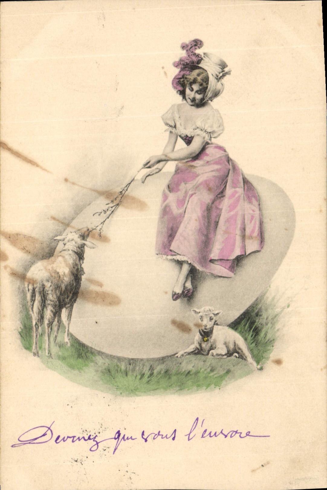 CPA Fantaisie Femme Oeuf Agneaux