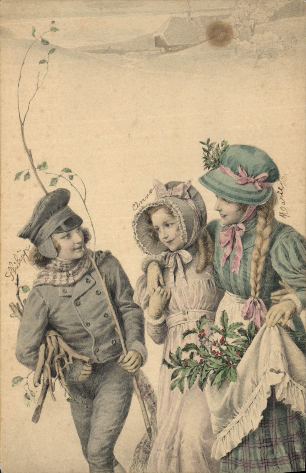 Trois enfants en tenue d'hiver — scène de printemps — éditeur M. M. Vienne, n° 203