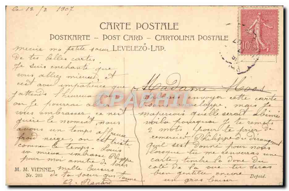 Trois enfants en tenue d'hiver — scène de printemps — éditeur M. M. Vienne, n° 203 — Rückseite