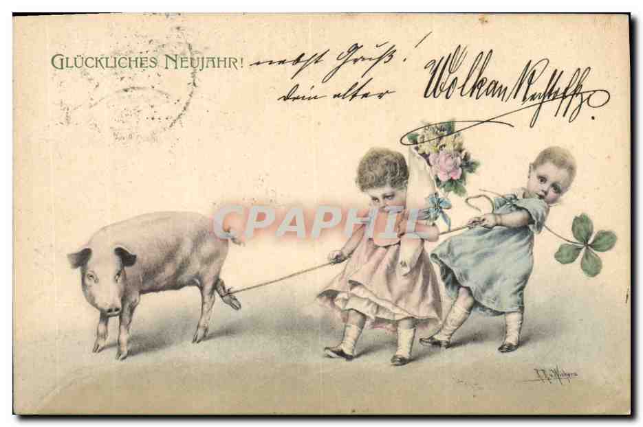 Deux enfants tirant un cochon — souhait de bonne année — éditeur M. M. Vienne