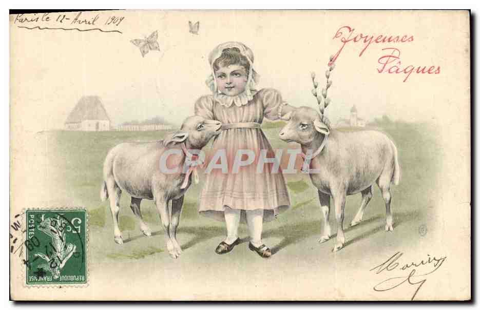 CPA Fantaisie Enfant Agneaux Papillons 