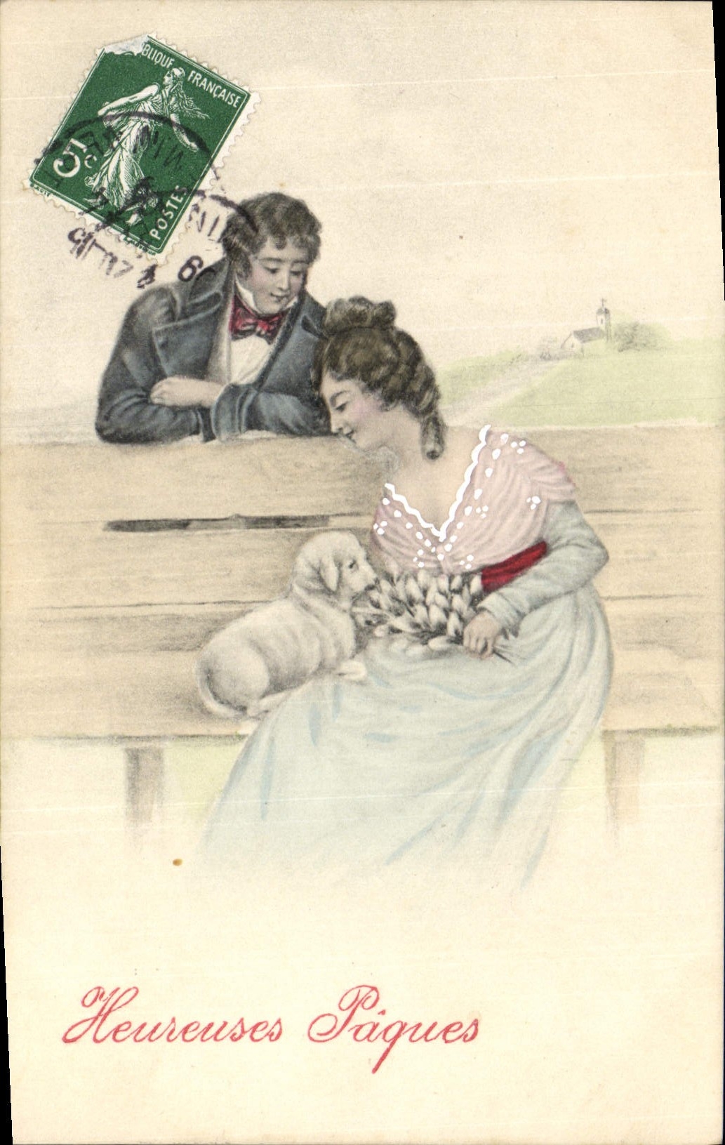 Jeune couple et chiot — Pâques — éditeur anonyme, série 4002