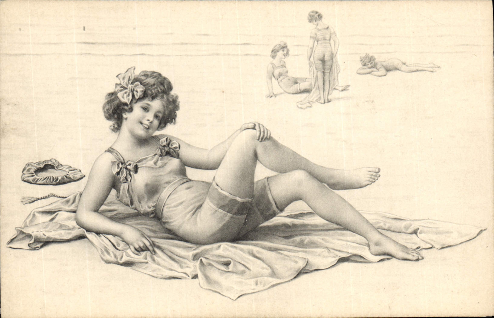 Jeune fille au bord de la mer — plage — M. M. Vienne, n° 553