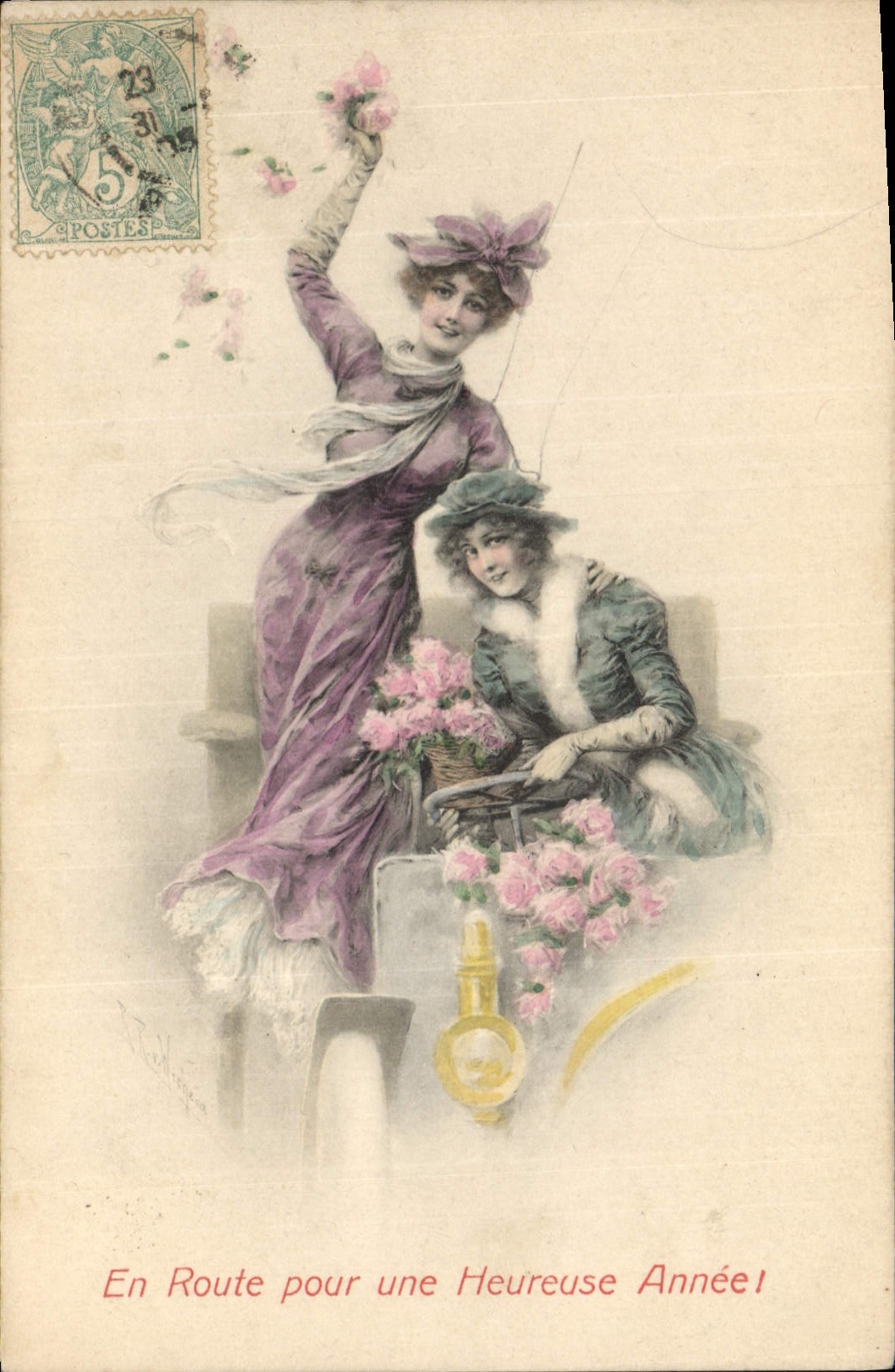 Deux femmes en tenue d'époque — En Route pour une Heureuse Année! — M. M. Vienne, Nr. 240