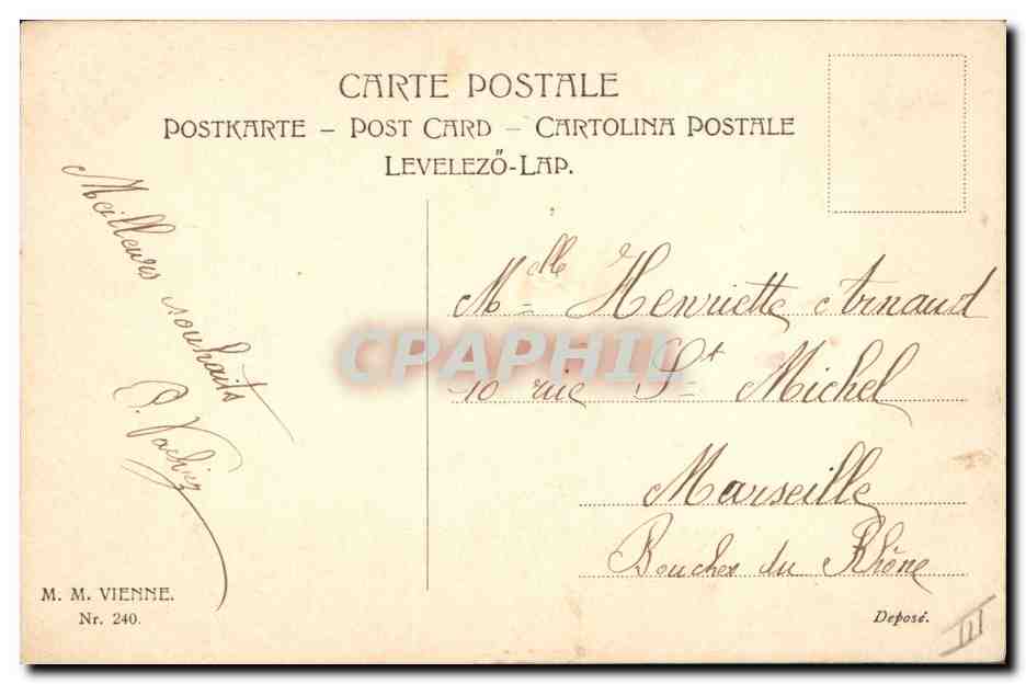 Deux femmes en tenue d'époque — En Route pour une Heureuse Année! — M. M. Vienne, Nr. 240 — Achterkant