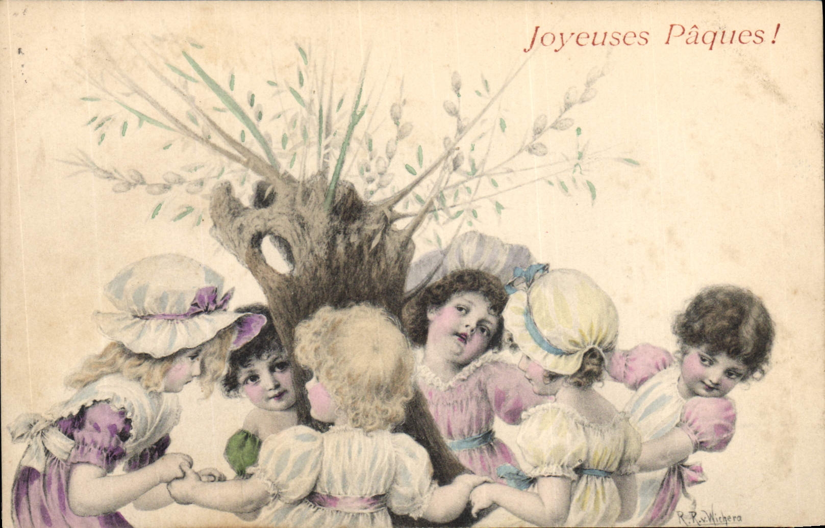 Enfants jouant autour d'un arbre — Joyeuses Pâques ! — R. P. Wighera