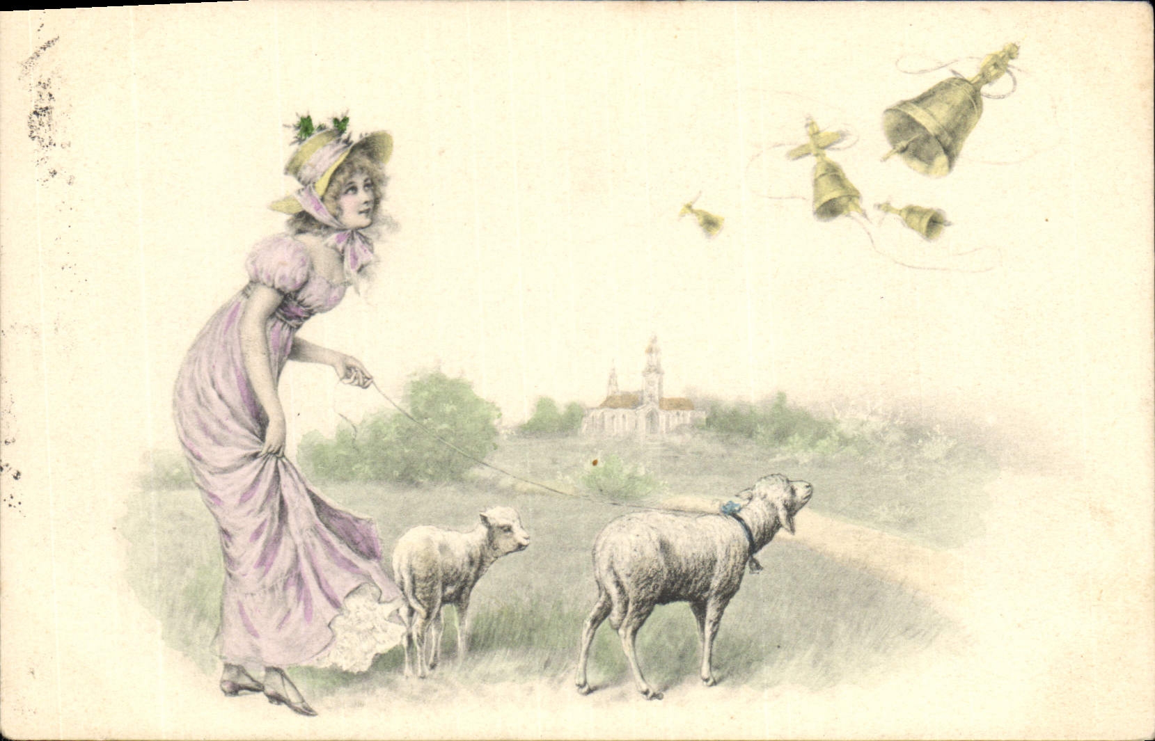 CPA Fantaisie Femme Agneau Cloches