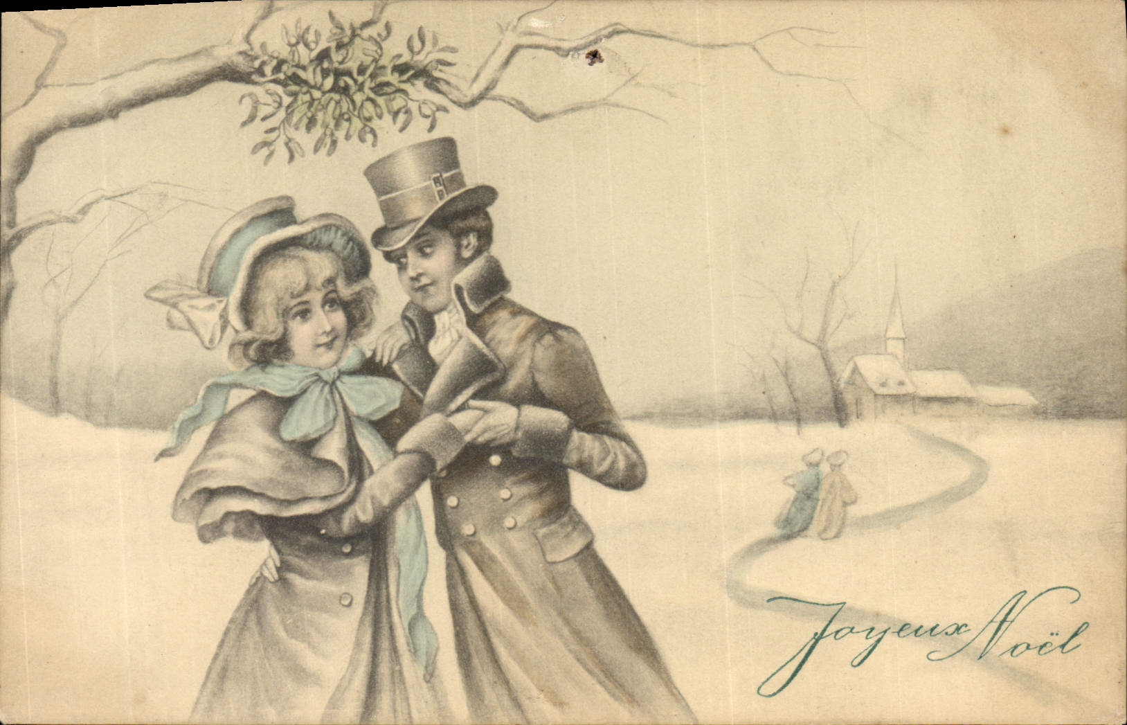Couple en tenue d'hiver sous un gui — Joyeux Noël — V.K. VIENNE 5017