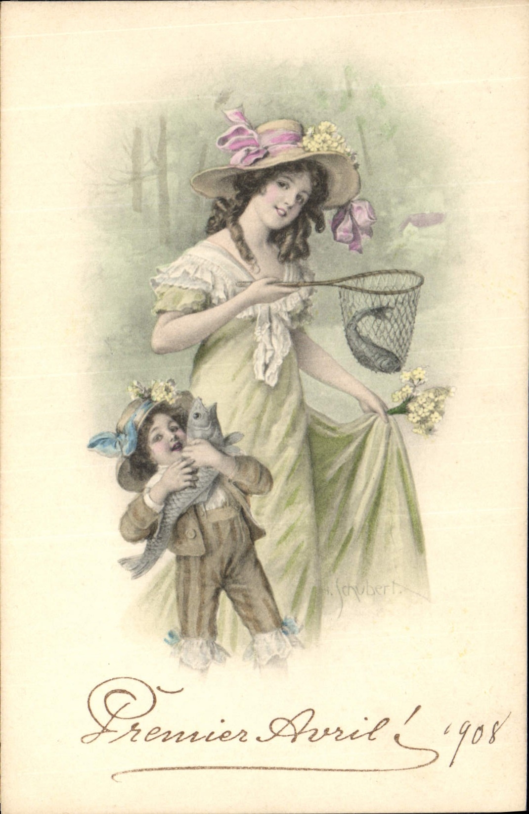 Femme et enfant avec poissons — Premier Avril 1908 — Schubert