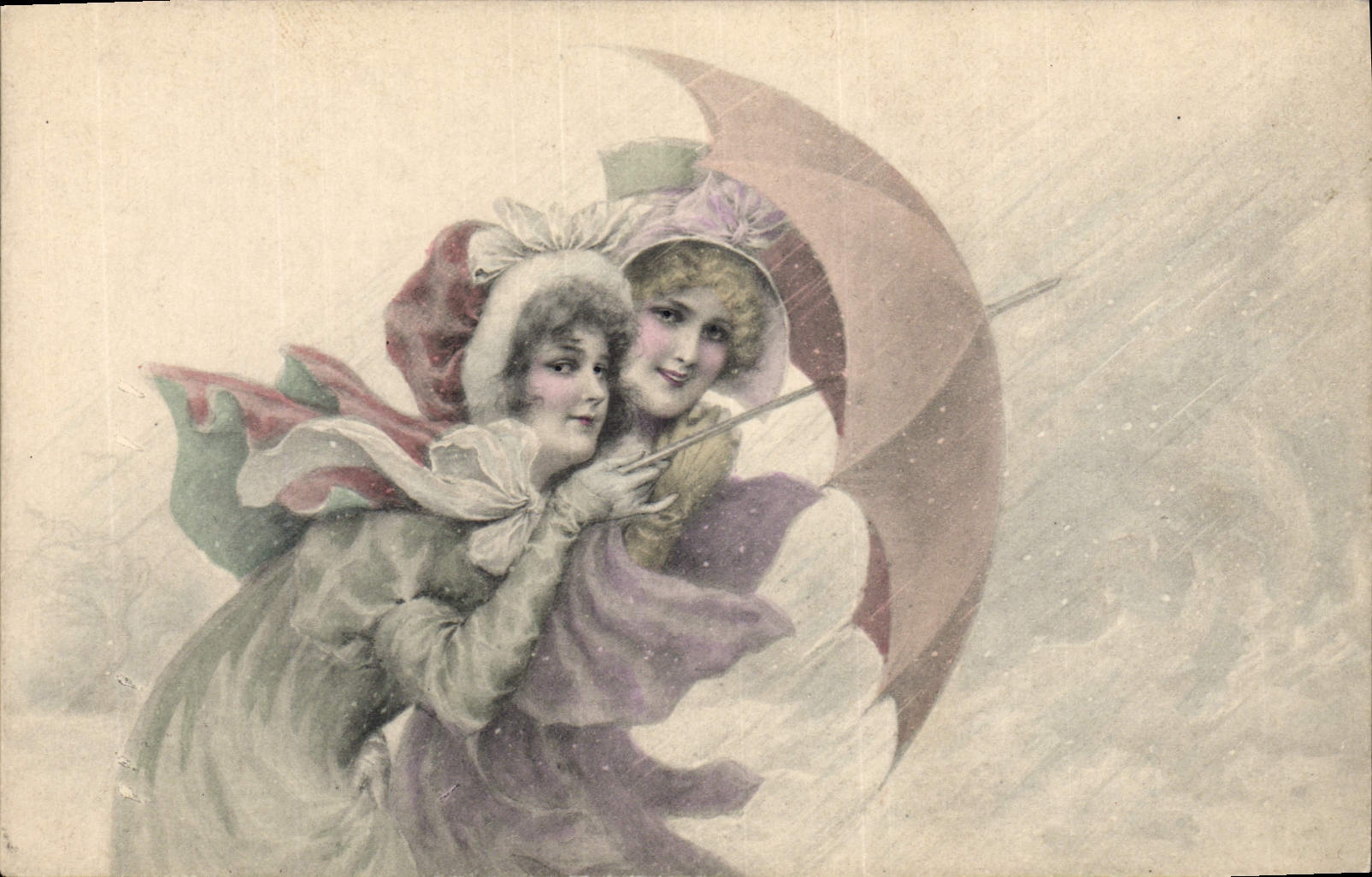 Deux jeunes femmes sous un parapluie — scène de pluie — M. M. Vienne