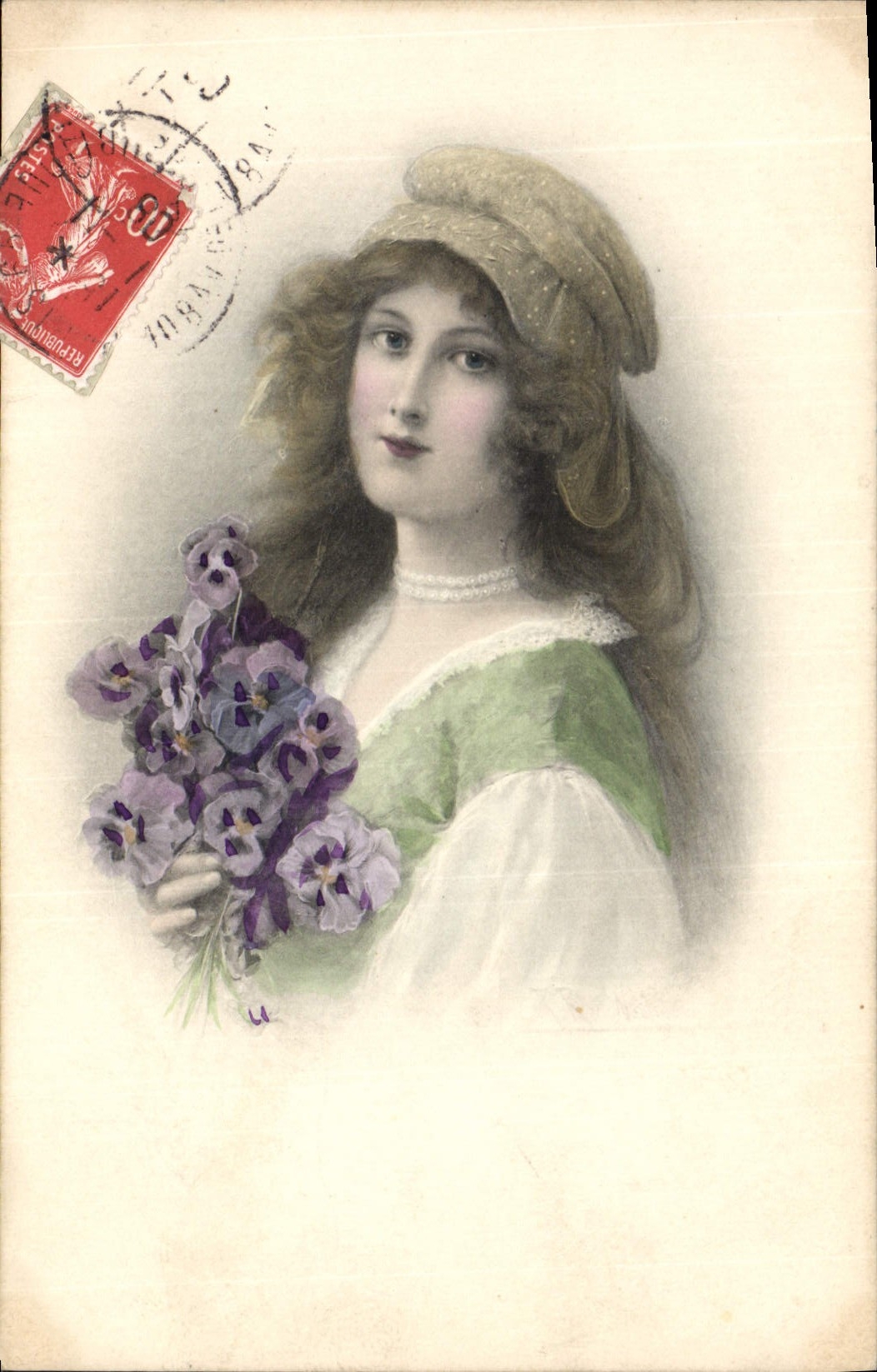 Jeune femme en bonnet à pois tenant un bouquet de violettes — M. M. Vienne, n° 322