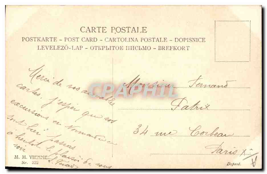 Jeune femme en bonnet à pois tenant un bouquet de violettes — M. M. Vienne, n° 322 — Verso