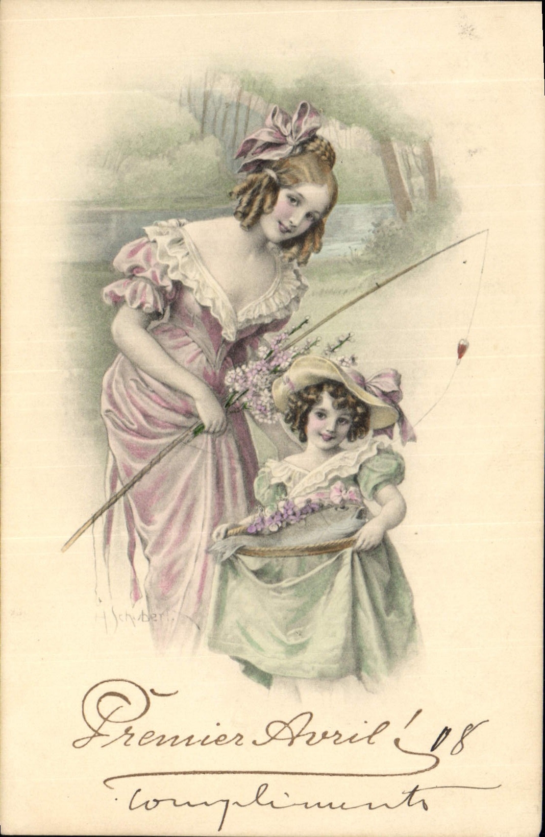 Femme et enfant pêchant — Premier Avril '08 — H. Schuberth