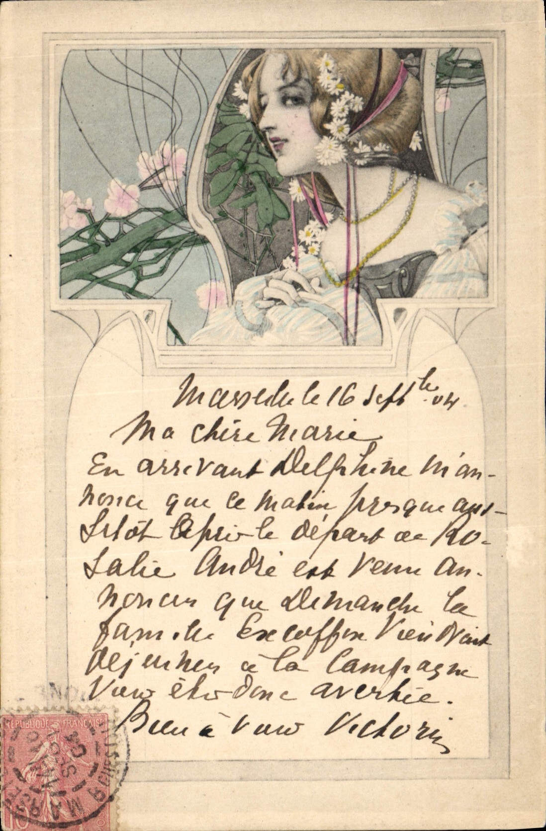 Femme au chapeau de fleurs — Art nouveau — éditeur inconnu, n° de série non visible