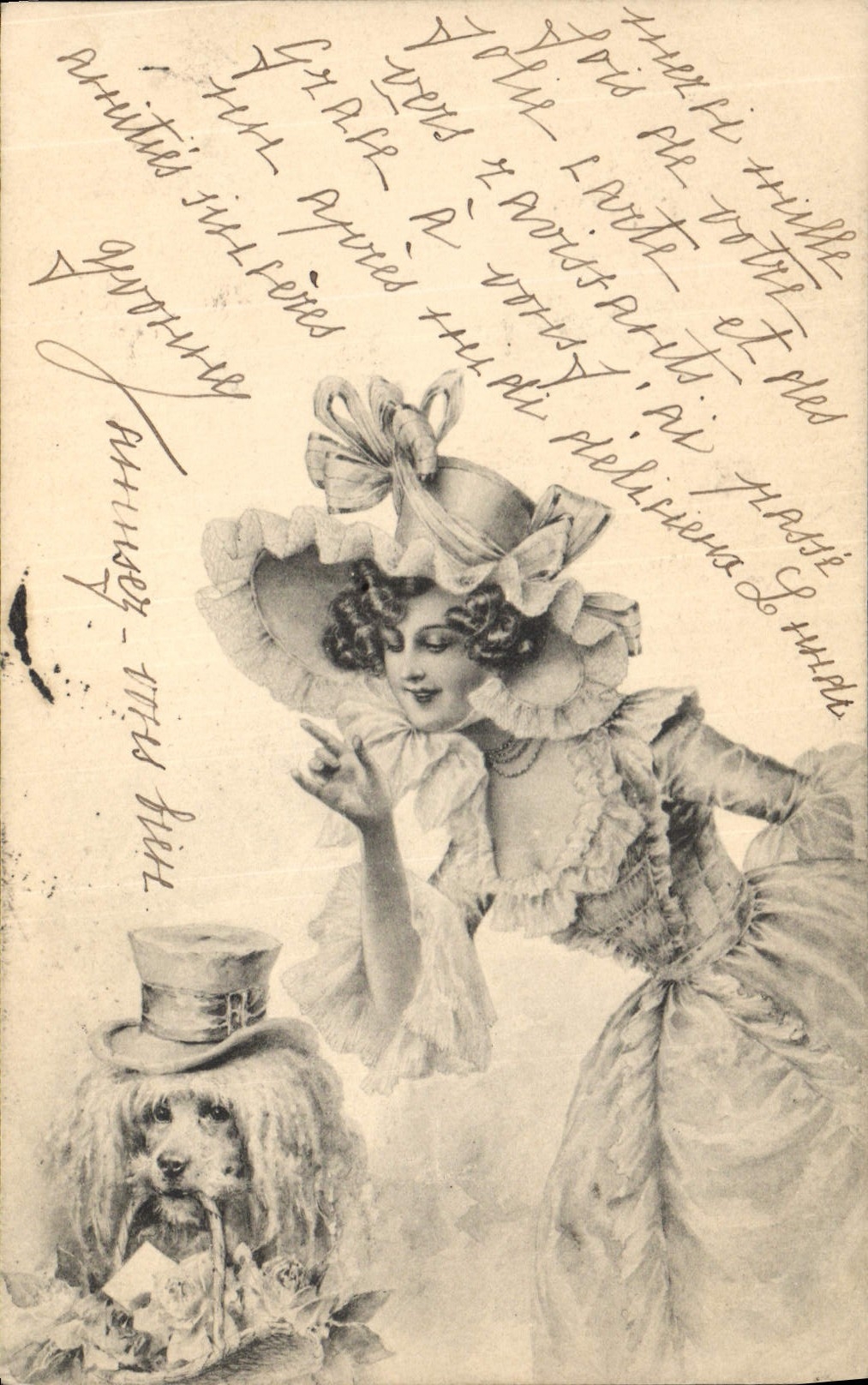 Femme élégante avec chien en costume — éditeur anonyme, n° de série non visible