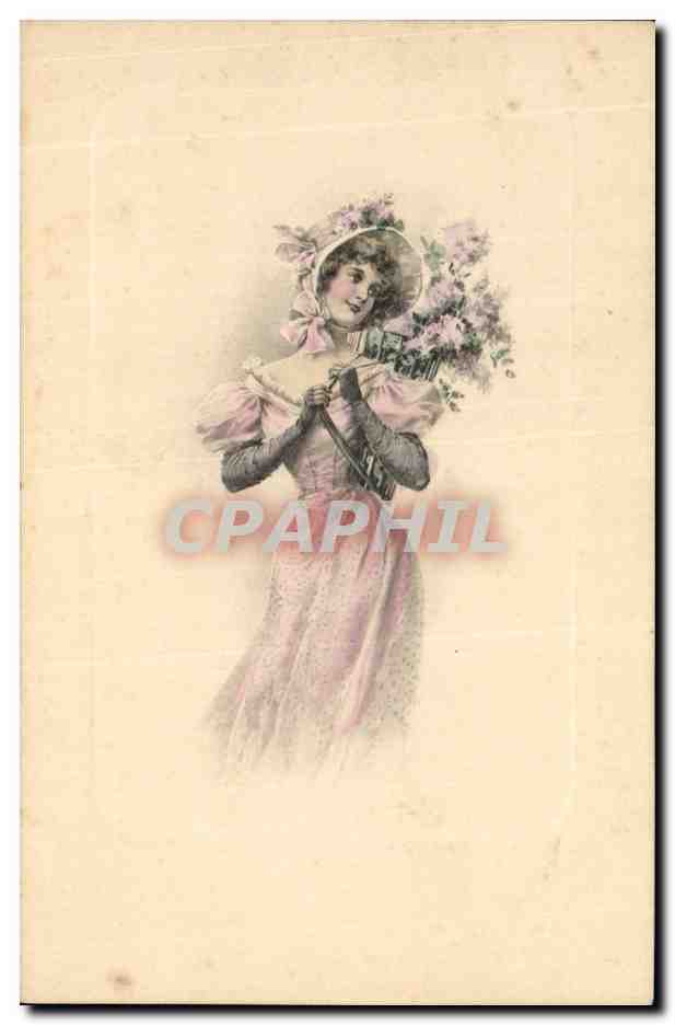 Femme en robe rose tenant un bouquet — éditeur M. M. Vienne, n° 276
