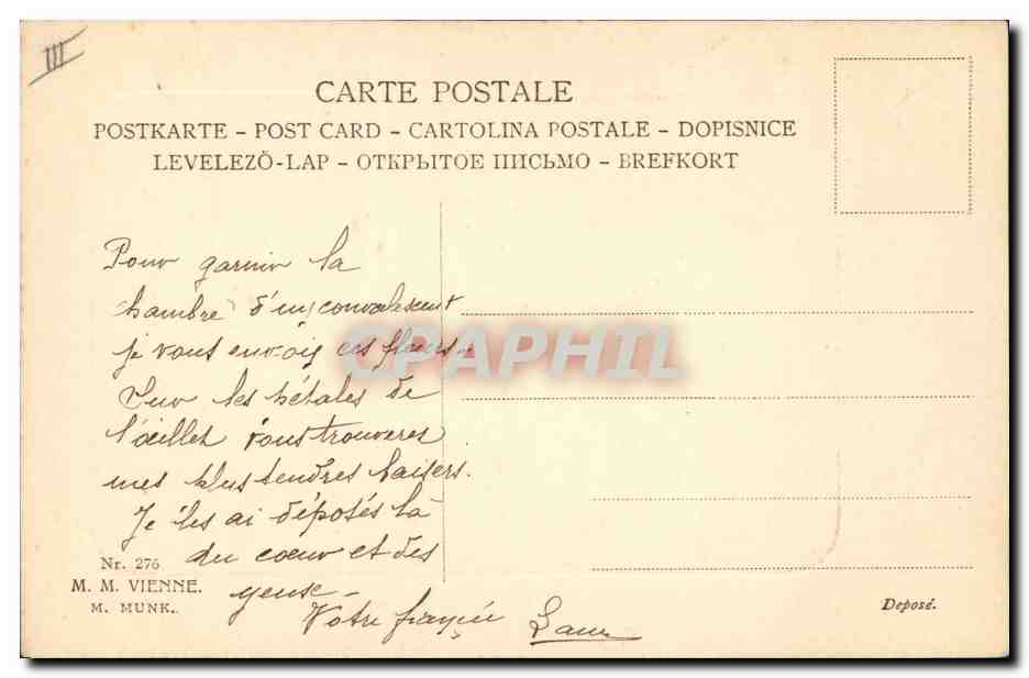 Femme en robe rose tenant un bouquet — éditeur M. M. Vienne, n° 276 — Verso