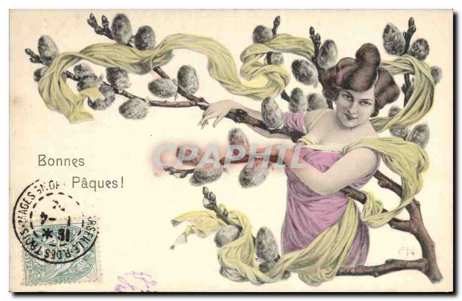 Femme entourée de branches de saule — Bonnes Pâques ! — Éditeur : Images et Postes Trois-Rivières