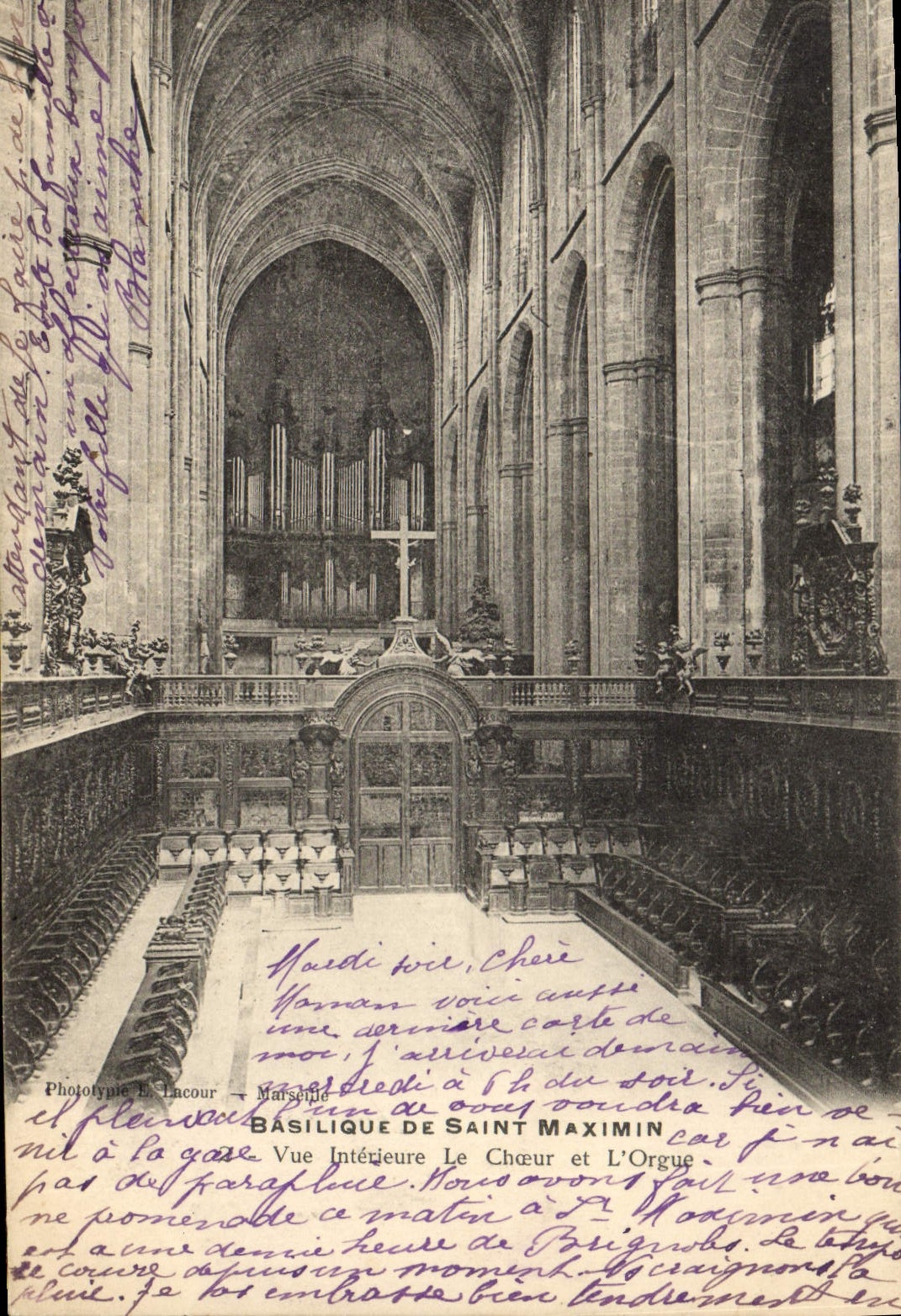Basilique de Saint Maximin — Vue intérieure du chœur et de l'orgue — Phototypie L. Lacour, Marseille