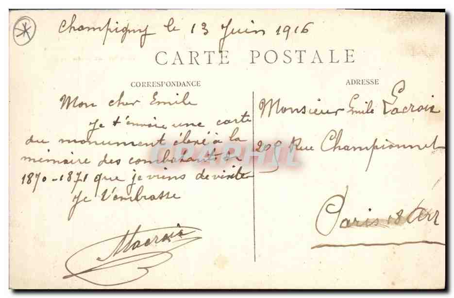 Champigny-sur-Marne — Monument aux morts 1870-71 — Publisher unknown — Back